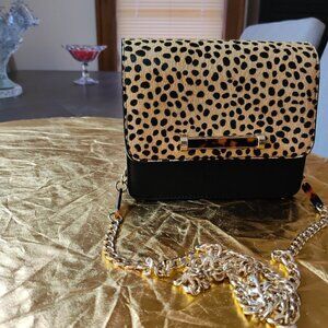 Ella Chain Strap Crossbody Bag, Faux cowhide. Gold Link Chain Strap.